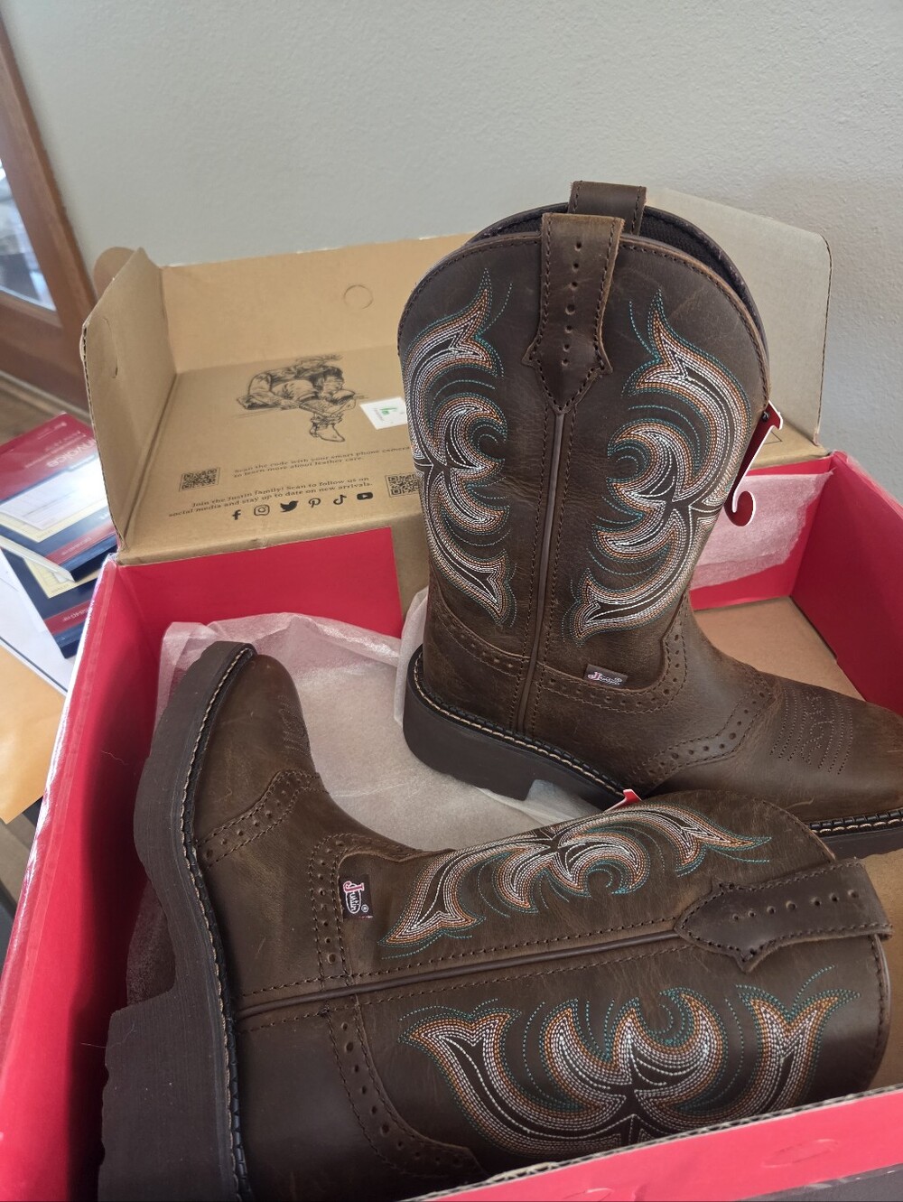 Justin Brown Western Cowboy Boots with Turquoise & Orange Stitching